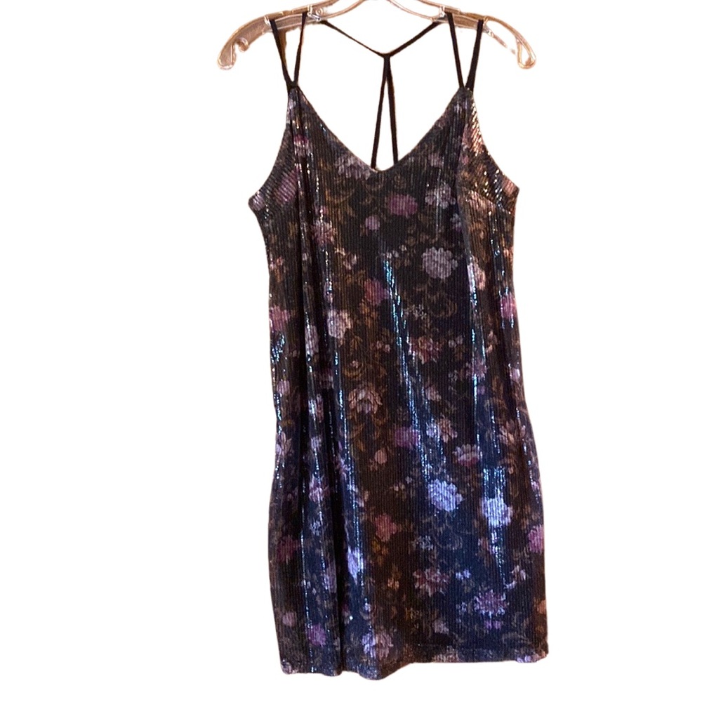 NWT XHilaration Small Charcoal Black Spaghetti Strap Floral Sequin Dress